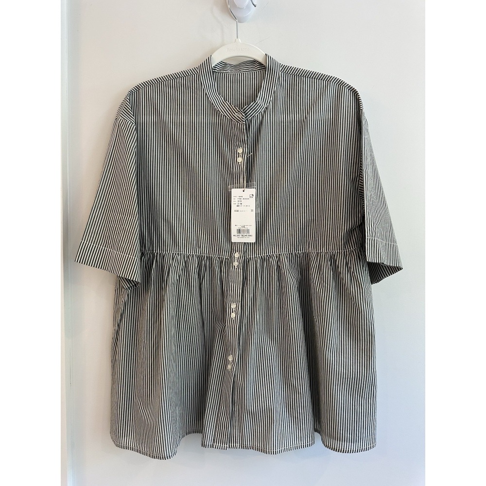 Dessin Cotton Peplum Striped Button Down Minimalist Top Japan Size M NWT